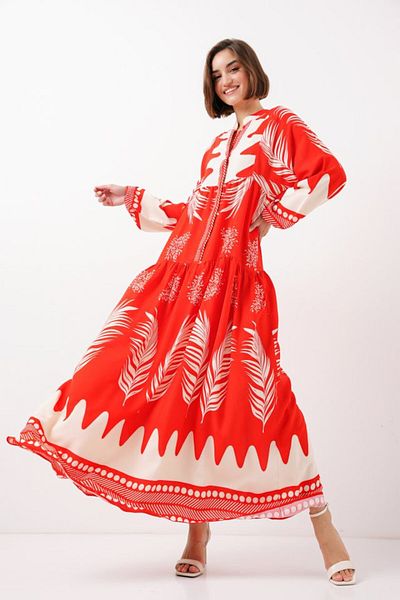 modaserdem 2423 Authentic Patterned Hijab Dress - M. Red