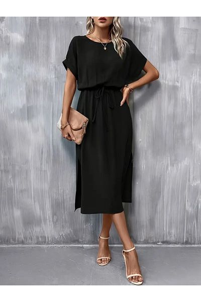 modaserdem Women's short sleeve open collar waist tie-up Slit viscose dress