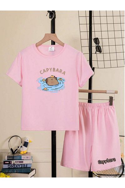 Afternoon Kids Girl's Pink Color''Floating Capybara'' Printed Sweet Comfortable Tshirt-Shorts Set