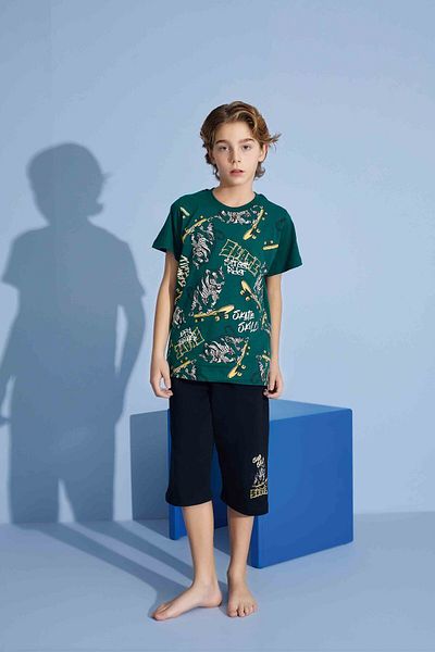Tarık Male Child Tiger T-Shirt Bermuda Bottom Combed Single Jersey Crew Neck Medium Thick Pajamas Set-3975