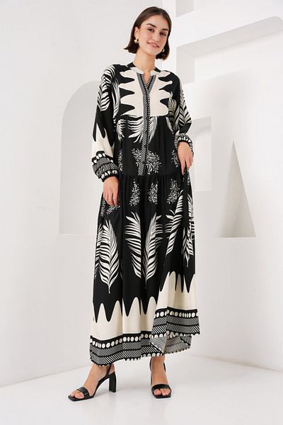 modaserdem 2423 Authentic Patterned Hijab Dress - Black1