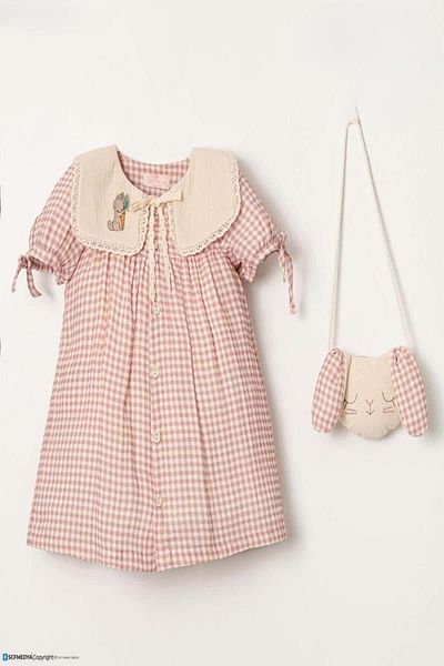 KIPIRIK BABY Girl's Pink Collar Rabbit Embroidered Checkered Patterned Rabbit Embroidered Bag Dress