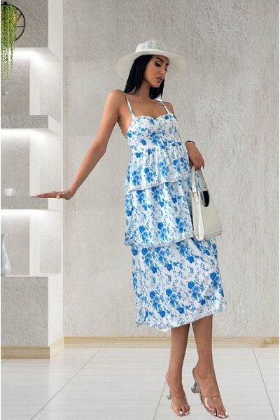 Deridün Yıldız Shoes Women's Zero Sleeve Strap Low-Cut Slit Detail Floral Printed Single Jersey Midi Dress
