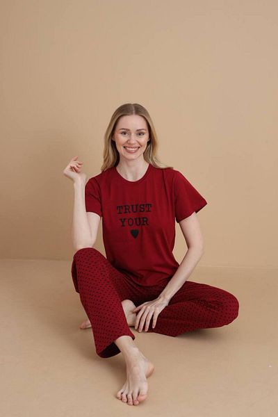 dealp Women's Burgundy 100% Cotton Printed Short Sleeve Pocket Summer Pajama Set