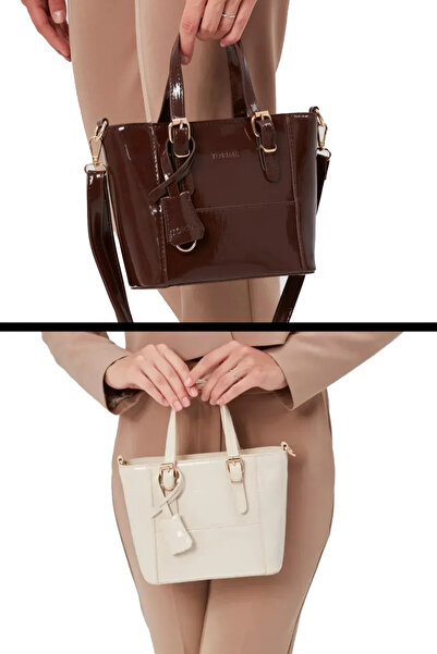 torime حقيبة كتف وكتف نسائية مزدوجة متوسطة الحجم مصنوعة من الجلد اللامع وحزام...