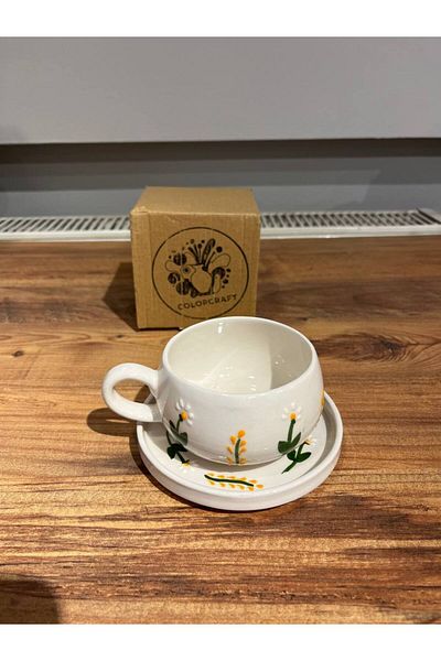 ColorCraft Branch Daisy Patterned Plate Ceramic Mug, Mug, Double Turkish Coffee Filter Coffee