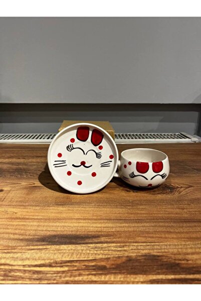 ColorCraft Cat Patterned Ceramic Mug with Plate, Mug, Double Turkish Coffee Filter Coffee