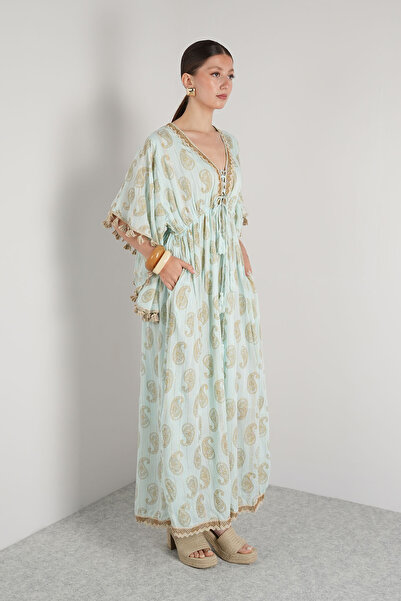 NAVAJO Maxi Elbise - Açık Yeşil Astarlı – %100 Pamuk – Standart Beden (36-44)