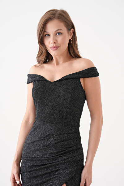 vuvutasarım Yeni Sezon Madonna Yaka Fukuro Kumaş Simli Yırtmaç Detaylı Maxi Kadın Elbise 582539