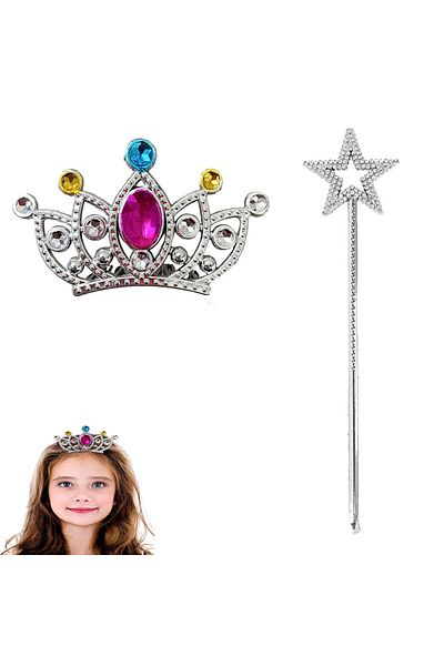 swilex Princess Crown with Comb and Princess Star Scepter Set for Kids Silver