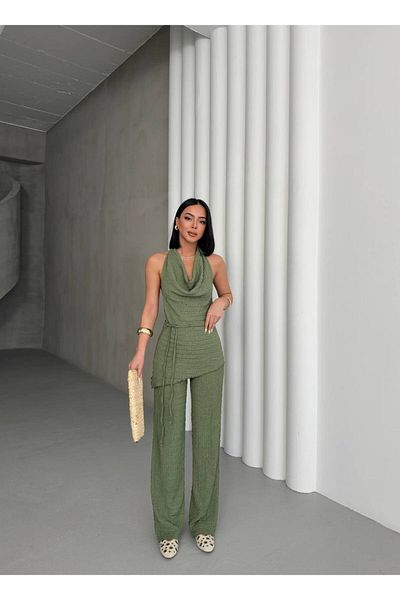 aytenli Flounce Collar Triangle Cut Back Open Lace up Top Elastic Waist Fitted Palazzo Pants Suit with Pockets