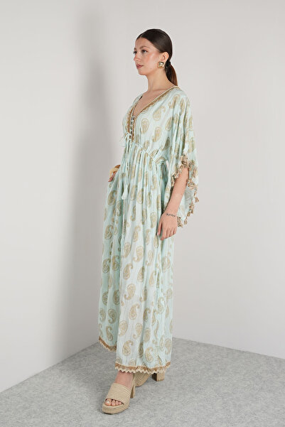 NAVAJO Maxi Elbise - Açık Yeşil Astarlı – %100 Pamuk – Standart Beden (36-44)