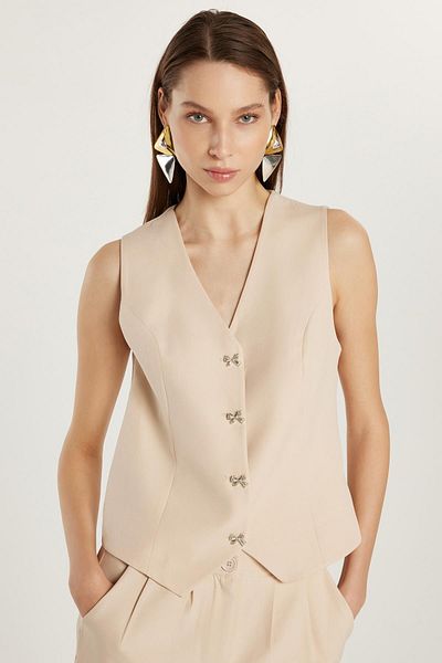 Tudors Women's Standard Fit Zero Sleeve Double Breasted Collar Buttoned Beige Vest Pants Suit