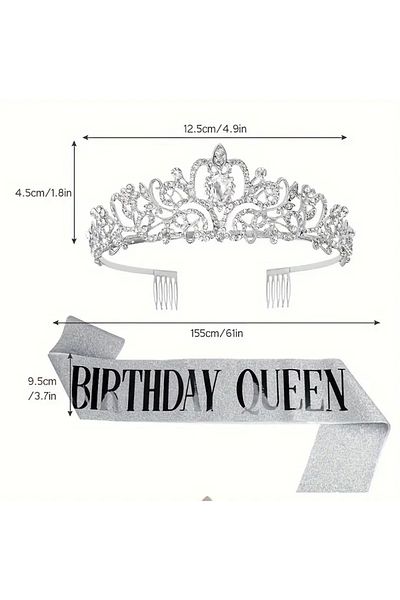 Store Silver Colored Stone Crown and "Birthday Queen" Written Sash Birthday Set