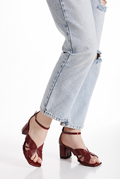 ÜNAL ÖZER Women's Burgundy Ankle Strap Thin Strap Thick Heeled Sandals Un001-0326