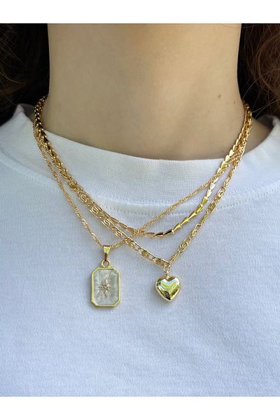 Eylülün Takısı Women's Gold Color 3 Pieces Enamel Heart Chain Necklace Set