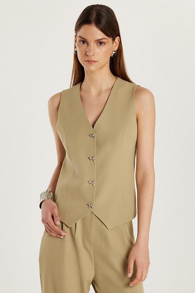 Tudors Women's Standard Fit Zero Sleeve Double Breasted Collar Buttoned Mint Vest Pants Suit