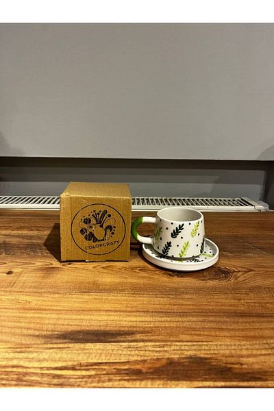 ColorCraft Green Branch Patterned Ceramic Mug with Plate, Mug, Double Turkish Coffee Filter Coffee