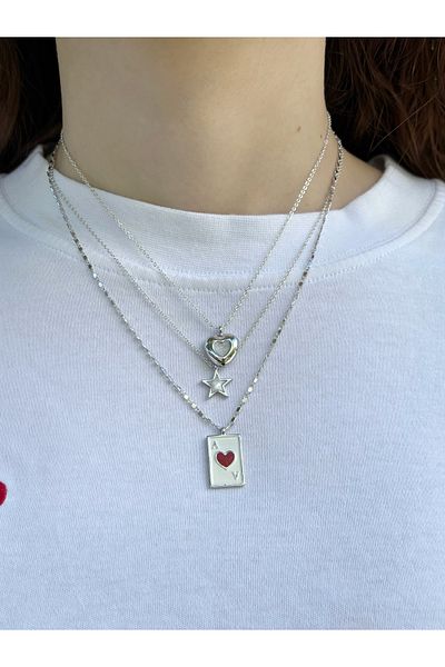 Eylülün Takısı Women's Silver Color 3 Pieces Trophy as Star Heart Necklace