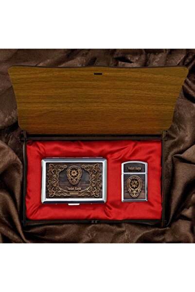 Hediyelerin Efendisi Ahşap Kutulu Polislere Özel Retro Ahşap Tasarımlı Sigara Tabakası Çakmak Seti