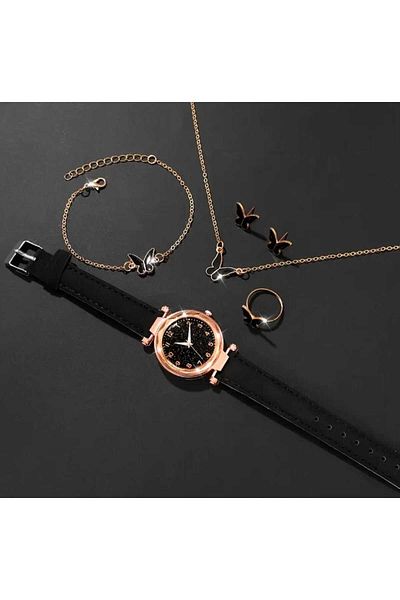 beynaaksesuar Gold Plated Butterfly Necklace Earrings Bracelet Ring Watch Gift Set Gift for Lover Gift for Mother