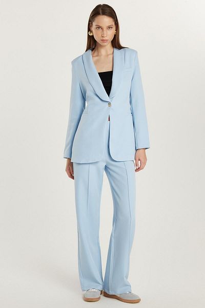 Tudors Women's Standard Fit Long Sleeve Double Breasted Lapel Button Blue Jacket Pants Suit