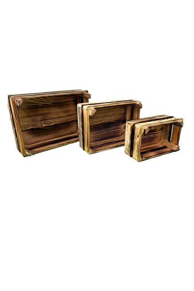 hanartz 3’lü Dekoratif Ahşap Kasa Seti – El Yapımı Çam Ağacı Kutu