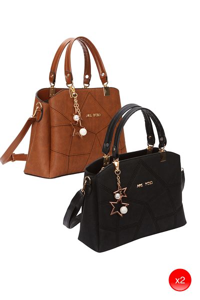 Adelina Bags Women's Butterfly Black and Tan Charm Detailed Hand and Shoulder Bag Handbag 2 Pieces