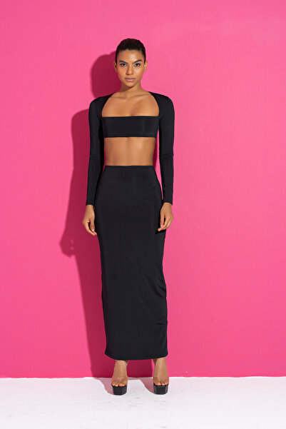 Kikiriki Siyah Uzun Kollu Crop Bluz & Etek Takım