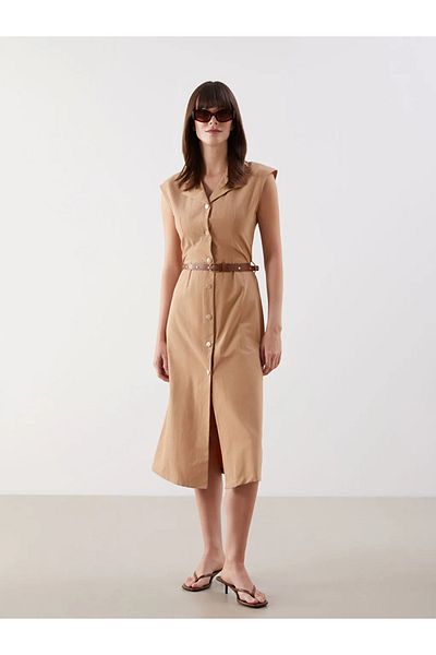 LC Waikiki Lcw Comfort Beige Belted Shirt Dress