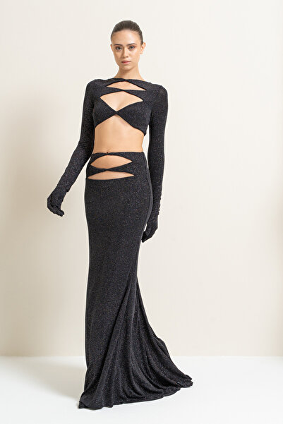 Kikiriki Siyah-gümüş Dekolte Detaylı Eldivenli Maxi Elbise