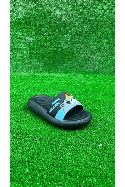 Moda Lime Black and White Non-Slip Polyurethane Sole Soft Textured Children's Slippers with Shark Figure