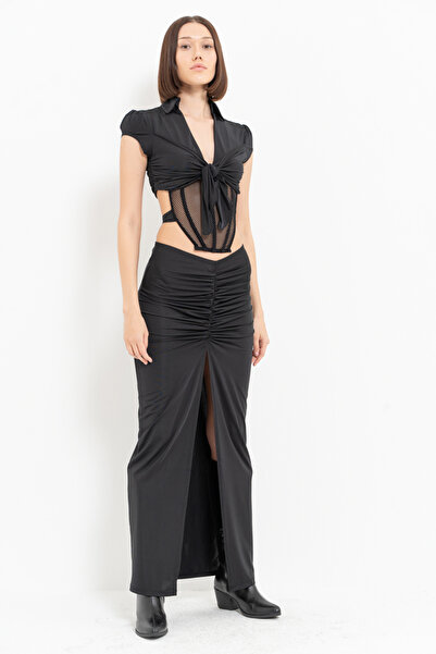 Kikiriki Black Tie-Up Crop Blouse & Slit Skirt Set