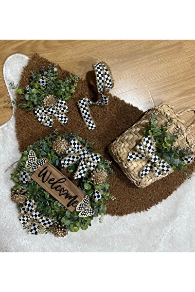 Marrone Welcome Yazılı Damalı Kelebek Damalı Şerit Kurdele Kapı süsü paspas takımı sepet