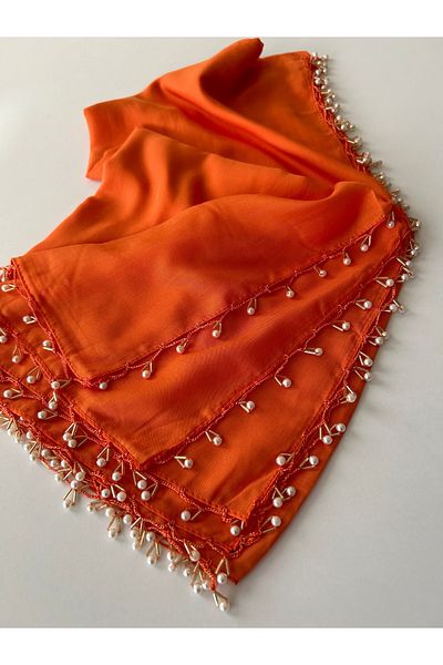 BENLİ Pearl Beaded Gold Hand Embroidered Scarf Writing 100x100cm