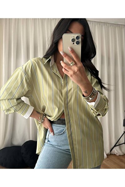 4EVERTİGER ÇİZGİLİ OVERSIZE MANŞET DETAYLI UZUN KOLLU KADIN GÖMLEK