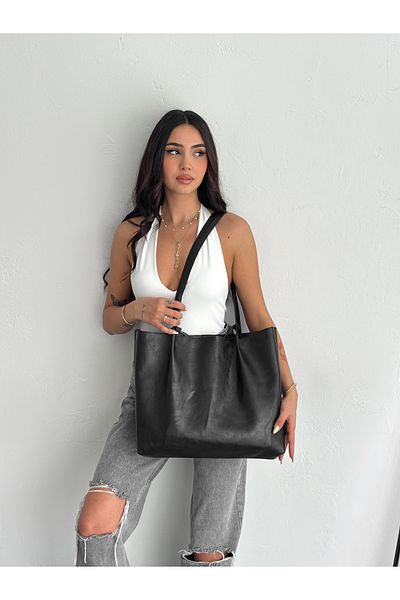 coaksco Geantă shopper neagră de mărime mare cu textura moale pentru femei