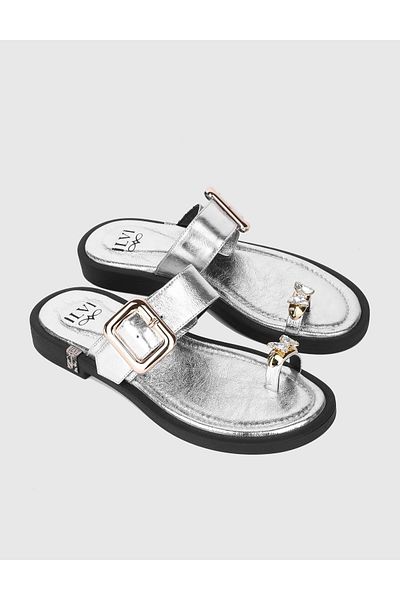 İLVİ Walgi Genuine Leather Silver Women's Slippers