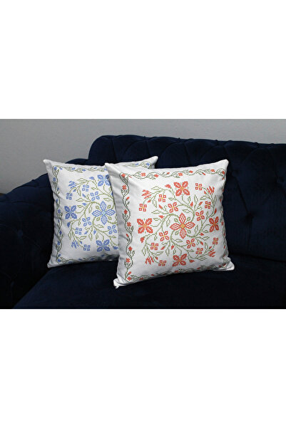 cuboo home İşleme Kanaviçe Görünümlü Dijital Baskı 2 li Kırlent Kılıfı Seti