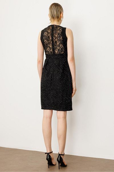 Moda İlgi Modailgi Pool Neck Back Transparent Short Sleeveless Lace Dress Black-60059