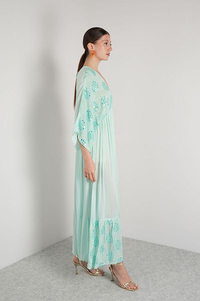Maisa Viscose Maxi Dress Water Green Sequin Embroidered – 100% Cotton – Standard Size (36-44)