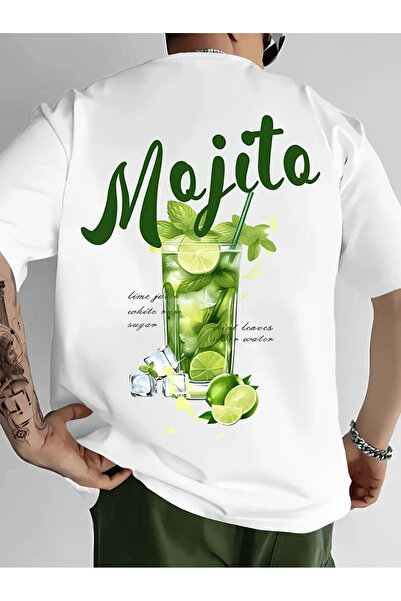 İnazuma Outdoors تيشيرت أبيض مطبوع بطبعة موهيتو، مقاس كبير للجنسين، بياقة دائ...