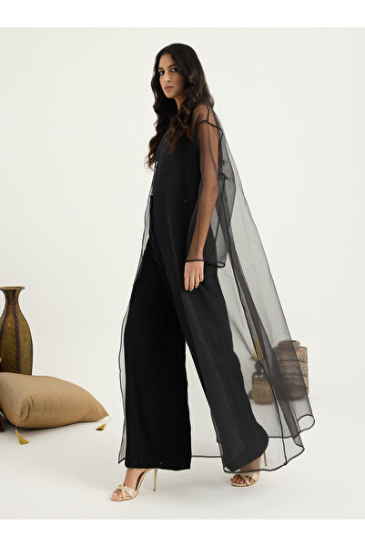 Store Wf Two-Piece Double Layer Orange Jaquarde Organza Abaya