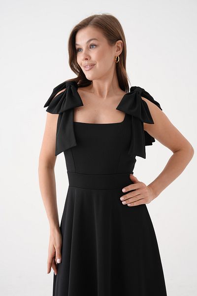 lovebox Stretchy Crepe Fabric Strapless Neckline Lacing Strap Detailed Flared Cut Midi Length Black Evening Dress 77127
