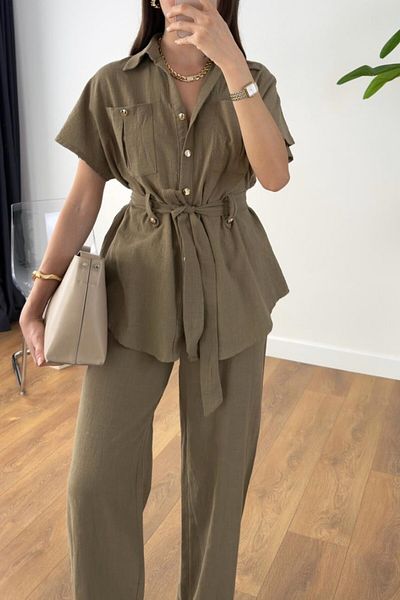 Suzi Linen Textured Suit with Gold Buttons 257207