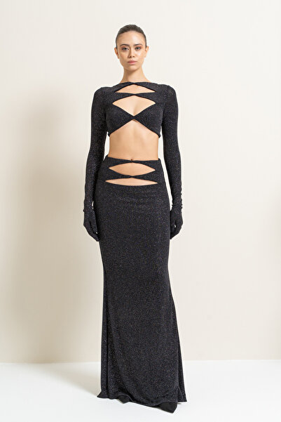 Kikiriki Siyah-gümüş Dekolte Detaylı Eldivenli Maxi Elbise