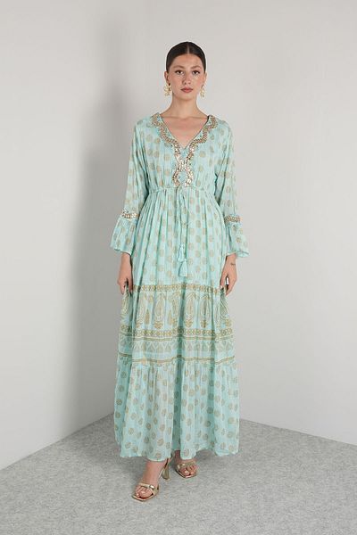 Maisa Viscose Maxi Dress Light Blue Gold Collar Lined Sequin Embroidered – 100% Cotton – Standard Size (36-44)