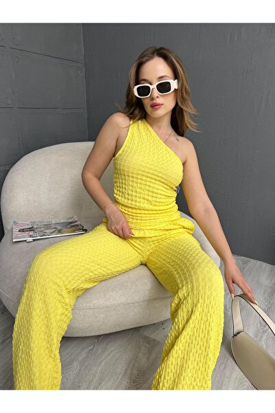 aytenli Asymmetric Collar One Shoulder Crop Top Elastic Waist Fitted Seersucker Suit with Pockets Palazzo Pants