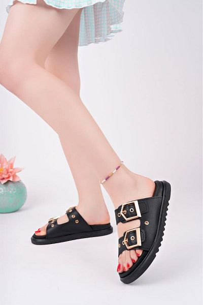 İA İLERİADIM Women's Black Poly Sole Double Banded Buckle Slippers Heel Height 3 cm