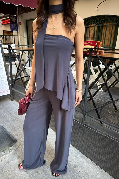 Hello Asymmetric Cut Scarf Blazer Loose Pants Suit